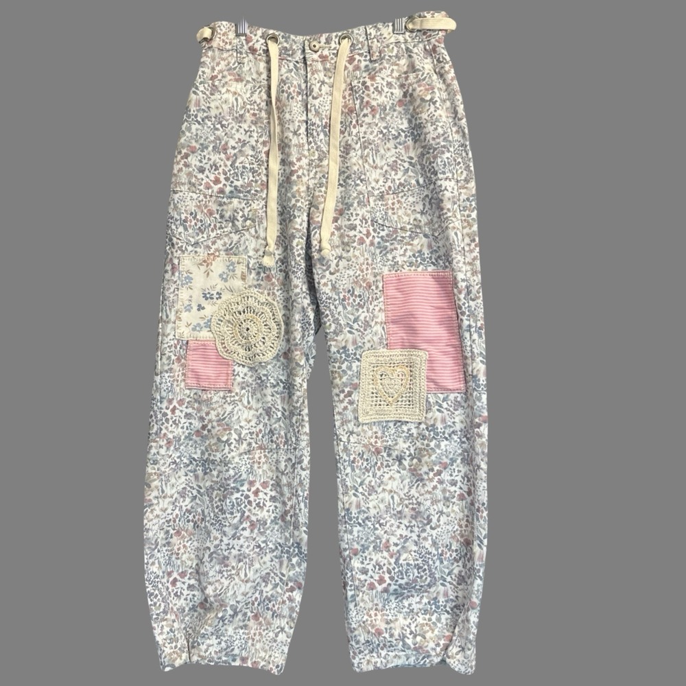 POL Floral Twill Barrel Leg Pants Patchwork Womens Size S Boho Buckle Back Gypsy